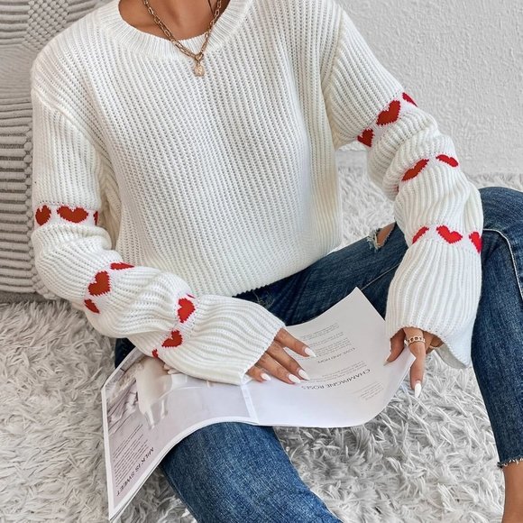 White Preppy Womens Heart Pattern Flounce Sleeve Sweater - Picture 5 of 5